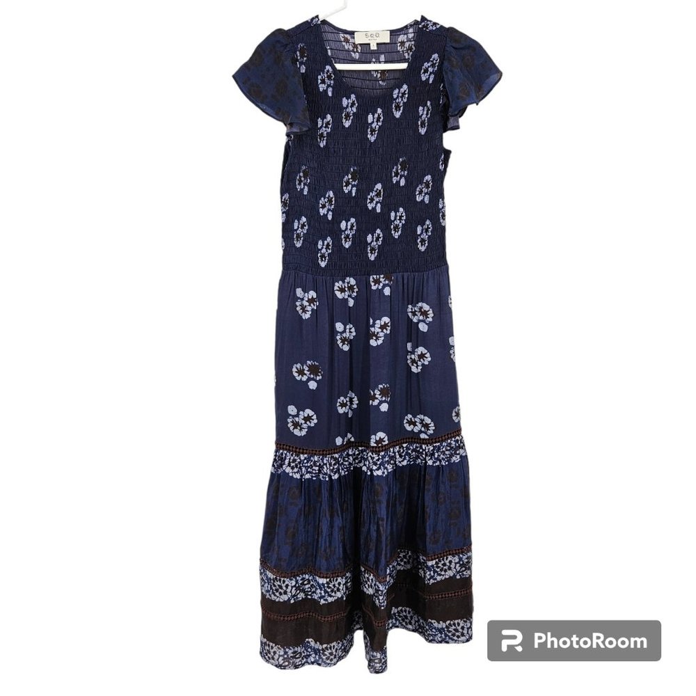 Sea New York Dress Blue Floral Print Smocked Tiered Flutter Sleeve Midi Size 4